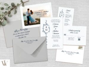 Complete Trellis Crest wedding suite showing invitation, save the date, RSVP, details card, and envelopes
