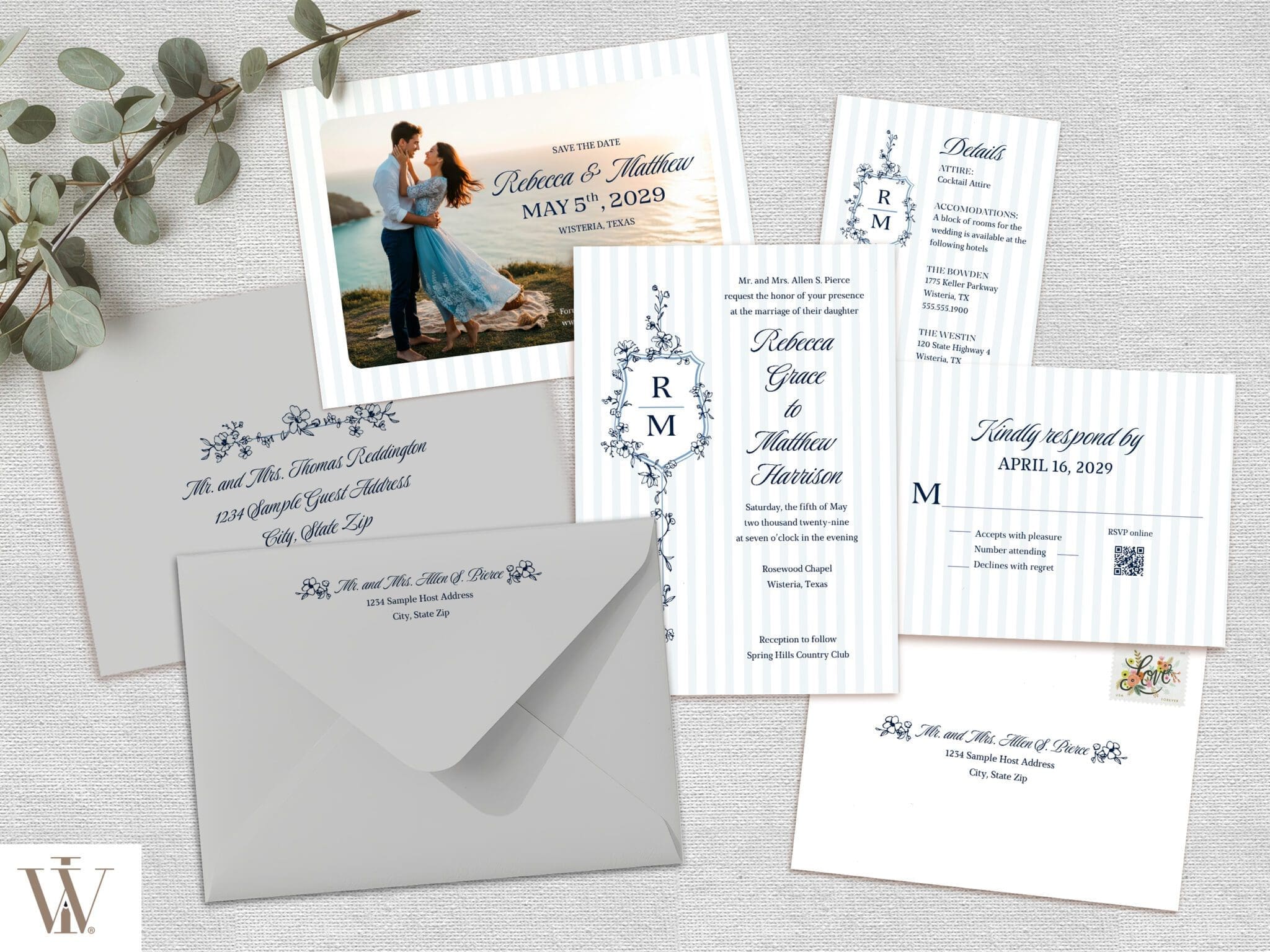 Complete Trellis Crest wedding suite showing invitation, save the date, RSVP, details card, and envelopes